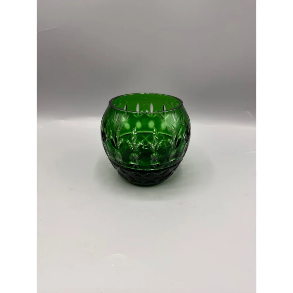Emerald Green Cut to Clear Glass Votive Holder Rose Bowl Pattern 3.5